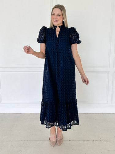 Navy Grace Eyelet Maxi Dress - STILOSA