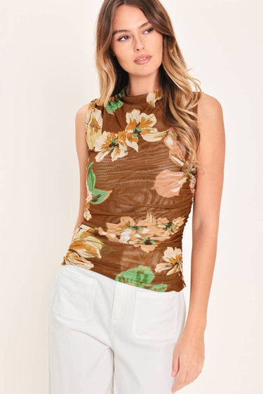 Brown Floral Mesh Mock Neck Top FINAL SALE - STILOSA
