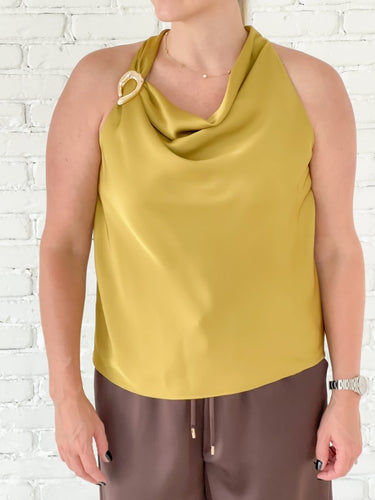 Chartreuse Satin Cowl Neck Top - STILOSA