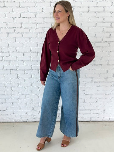 Wide Leg Denim Pants with Suede Trim - STILOSA