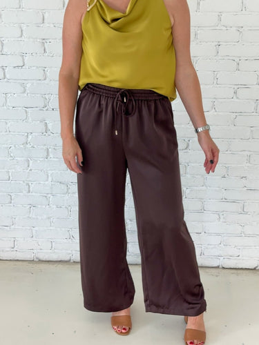 Espresso Satin Wide Leg Pants - STILOSA