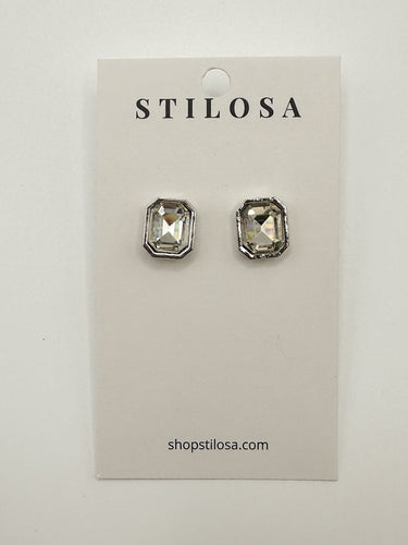 Silver Emerald Cut CZ Bezel Stud Earrings - STILOSA