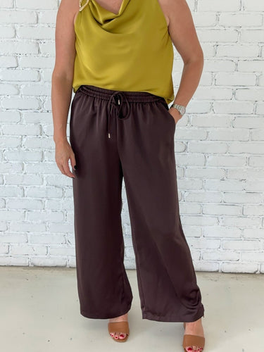 Espresso Satin Wide Leg Pants - STILOSA