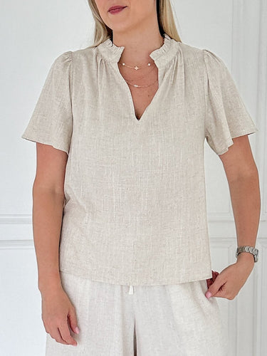 Riviera Ruffle Neck Linen Top - STILOSA