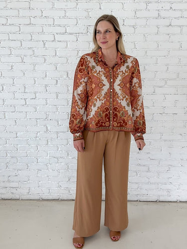Rust Scarf Print Button-Down Blouse - STILOSA