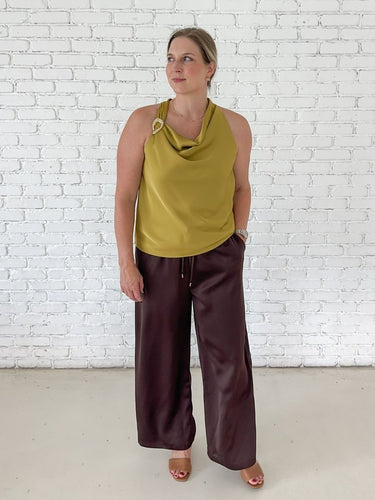 Chartreuse Satin Cowl Neck Top - STILOSA