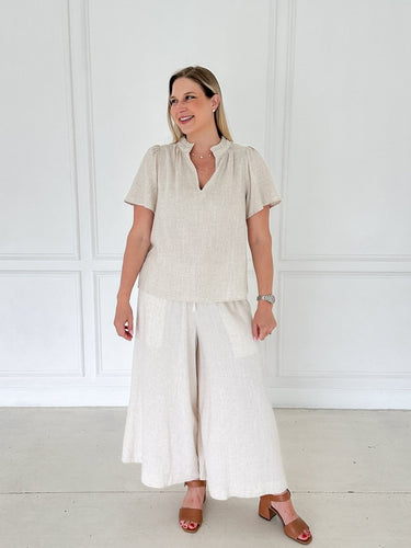 Riviera Ruffle Neck Linen Top - STILOSA