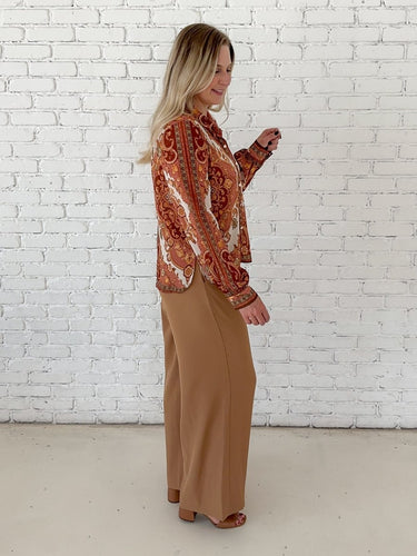 Rust Scarf Print Button-Down Blouse - STILOSA