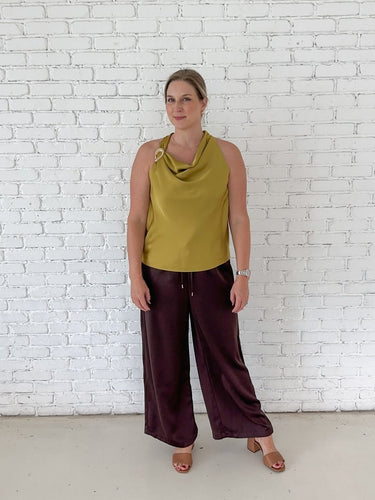 Chartreuse Satin Cowl Neck Top - STILOSA