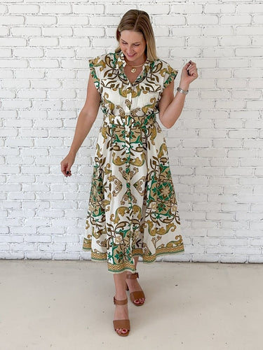 Green Medallion Print Midi Shirt Dress - STILOSA