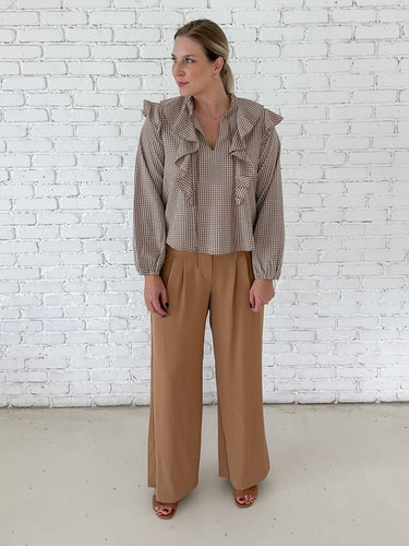Ruffle Tie Neck Gingham Blouse - STILOSA