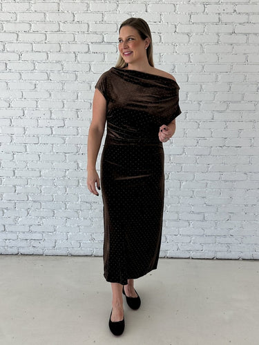 Chocolate Velvet Rhinestone Off-Shoulder Maxi Dress - STILOSA