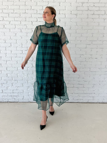 Green Tartan Sheer Overlay Maxi Dress - STILOSA