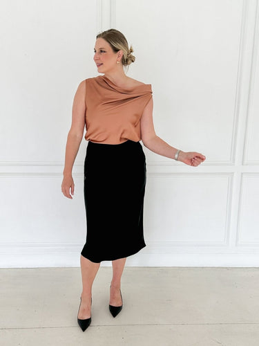 Black Satin Midi Skirt - STILOSA