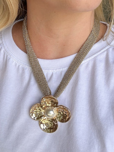 Golden Flower Statement Necklace with Pearl Center - STILOSA