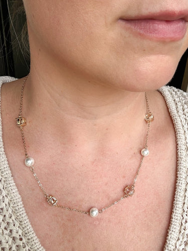 Gold Pearl & Crystal Station Necklace - STILOSA
