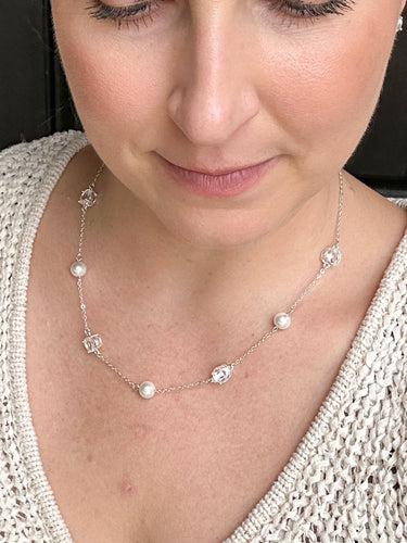 Silver Pearl & Crystal Station Necklace - STILOSA