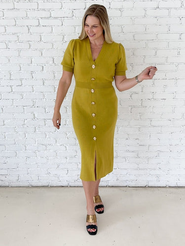 Chartreuse Button Front Sweater Dress - STILOSA