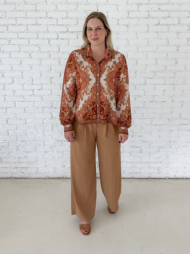 Rust Scarf Print Button-Down Blouse - STILOSA