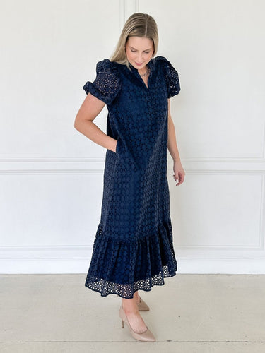 Navy Grace Eyelet Maxi Dress - STILOSA