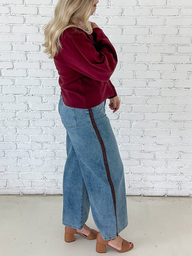 Wide Leg Denim Pants with Suede Trim - STILOSA