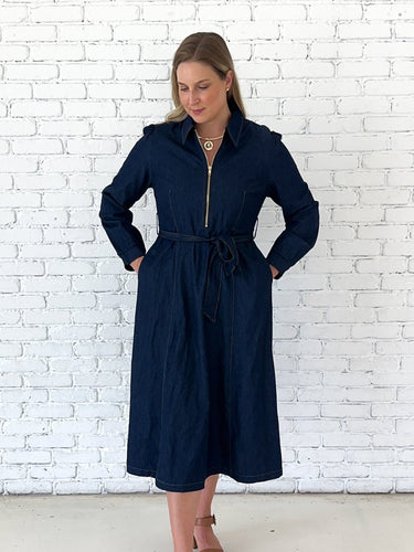 Denim Front Tie Belted Midi Dress - STILOSA
