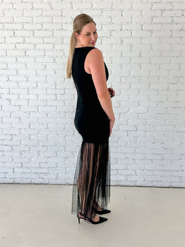 Sheer Pearl Mesh Overlay Maxi Dress - STILOSA