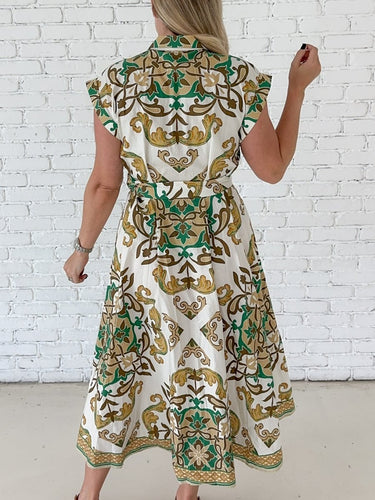 Green Medallion Print Midi Shirt Dress - STILOSA