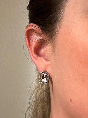 Silver Emerald Cut CZ Bezel Stud Earrings - STILOSA