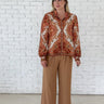 Rust Scarf Print Button-Down Blouse - STILOSA