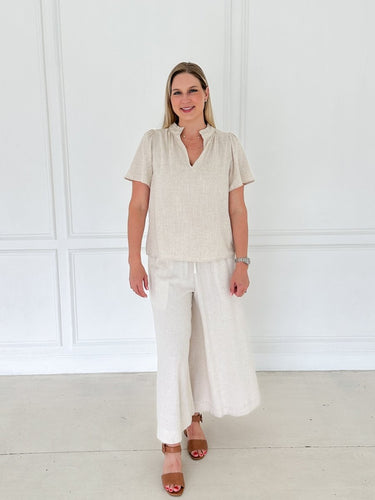 Riviera Ruffle Neck Linen Top - STILOSA