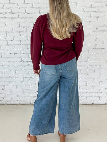Wide Leg Denim Pants with Suede Trim - STILOSA
