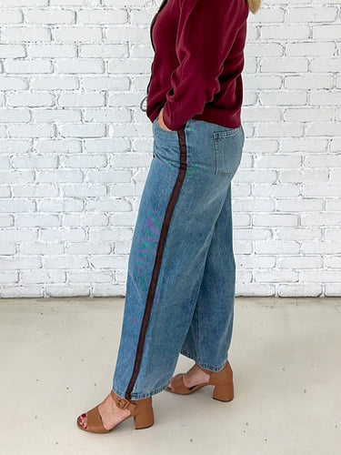 Wide Leg Denim Pants with Suede Trim - STILOSA