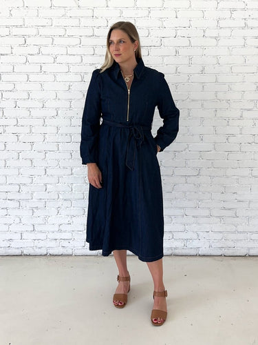 Denim Front Tie Belted Midi Dress - STILOSA
