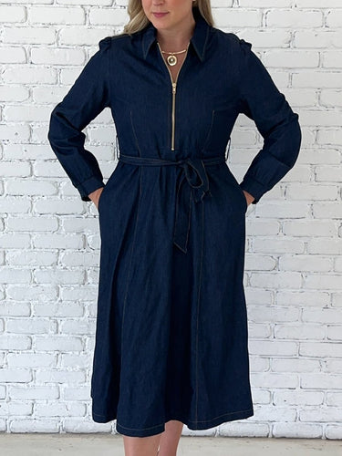 Denim Front Tie Belted Midi Dress - STILOSA