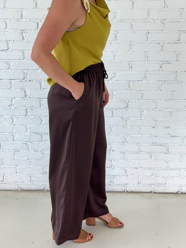 Espresso Satin Wide Leg Pants - STILOSA