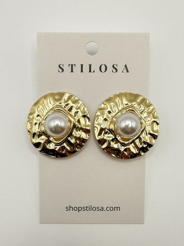 Large Hammered Gold Pearl Stud Earrings - STILOSA