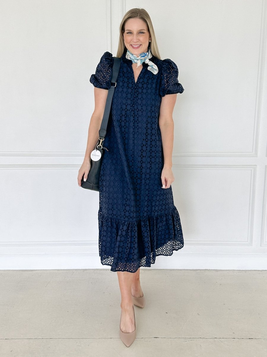 Navy Eyelet Cotton Maxi Dress for Women