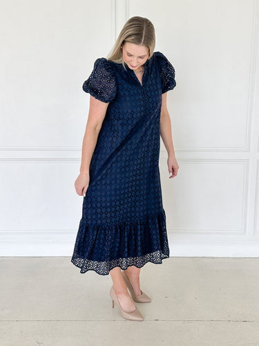 Navy Grace Eyelet Maxi Dress - STILOSA