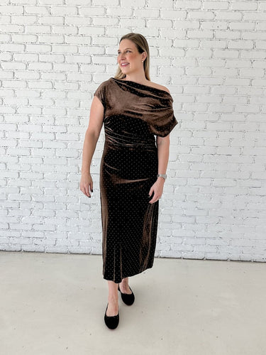 Chocolate Velvet Rhinestone Off-Shoulder Maxi Dress - STILOSA