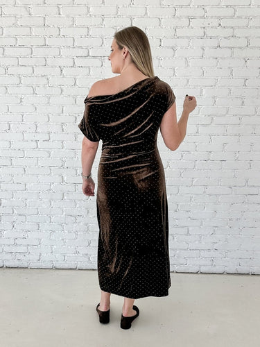 Chocolate Velvet Rhinestone Off-Shoulder Maxi Dress - STILOSA