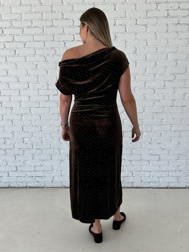 Chocolate Velvet Rhinestone Off-Shoulder Maxi Dress - STILOSA