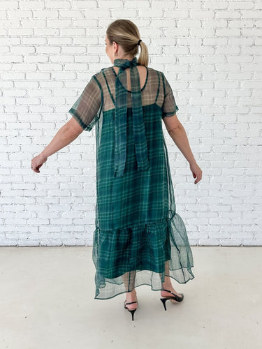 Green Tartan Sheer Overlay Maxi Dress - STILOSA