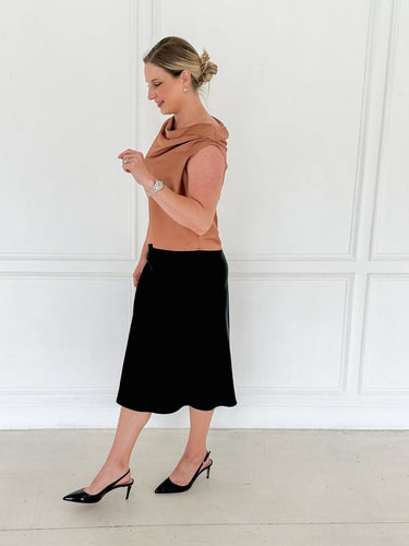 Black Satin Midi Skirt - STILOSA