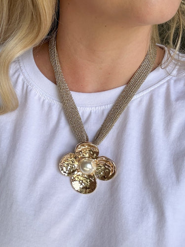 Golden Flower Statement Necklace with Pearl Center - STILOSA