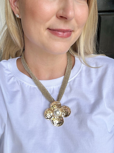 Golden Flower Statement Necklace with Pearl Center - STILOSA