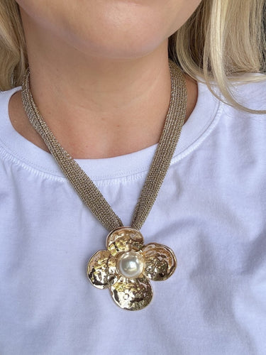 Golden Flower Statement Necklace with Pearl Center - STILOSA