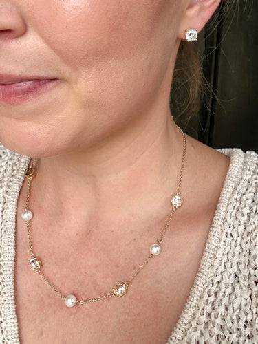 Gold Pearl & Crystal Station Necklace - STILOSA