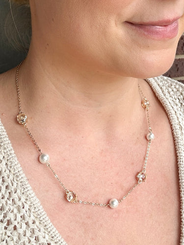 Gold Pearl & Crystal Station Necklace - STILOSA