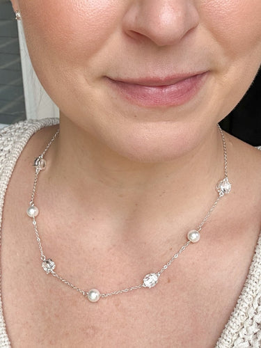Silver Pearl & Crystal Station Necklace - STILOSA